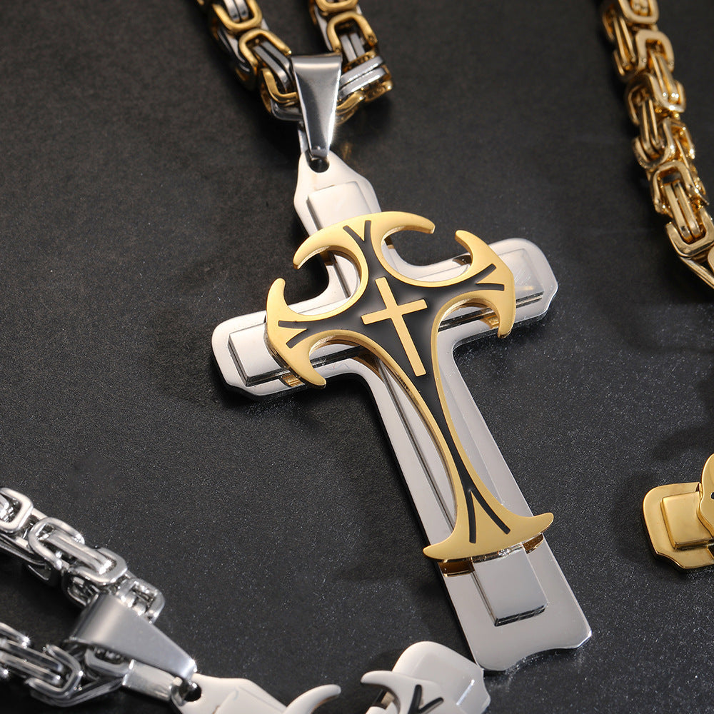 Fashion Jewelry Titanium Steel Long Pattern Three-layer Cross Pendant Necklace